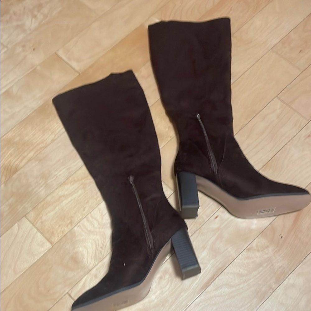Brown Faux Suede Heeled Knee High Boots - Picture 2 of 6